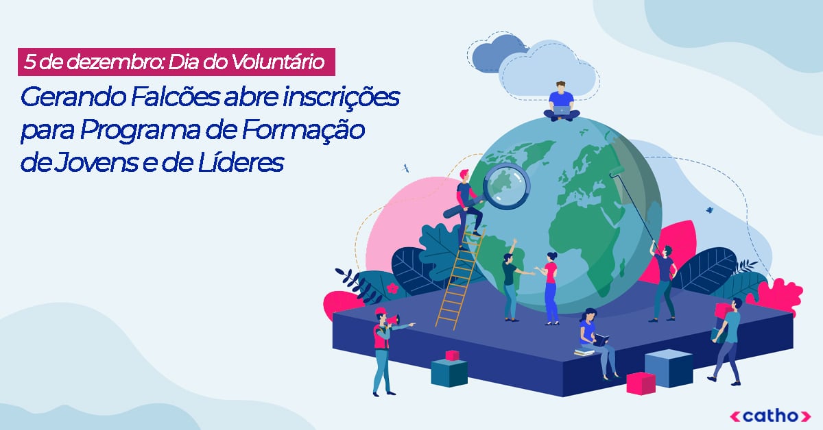 pessoas em pé ao redor de um globo com fundo de céu com a escrita "5 de dezembro: dia do voluntário"